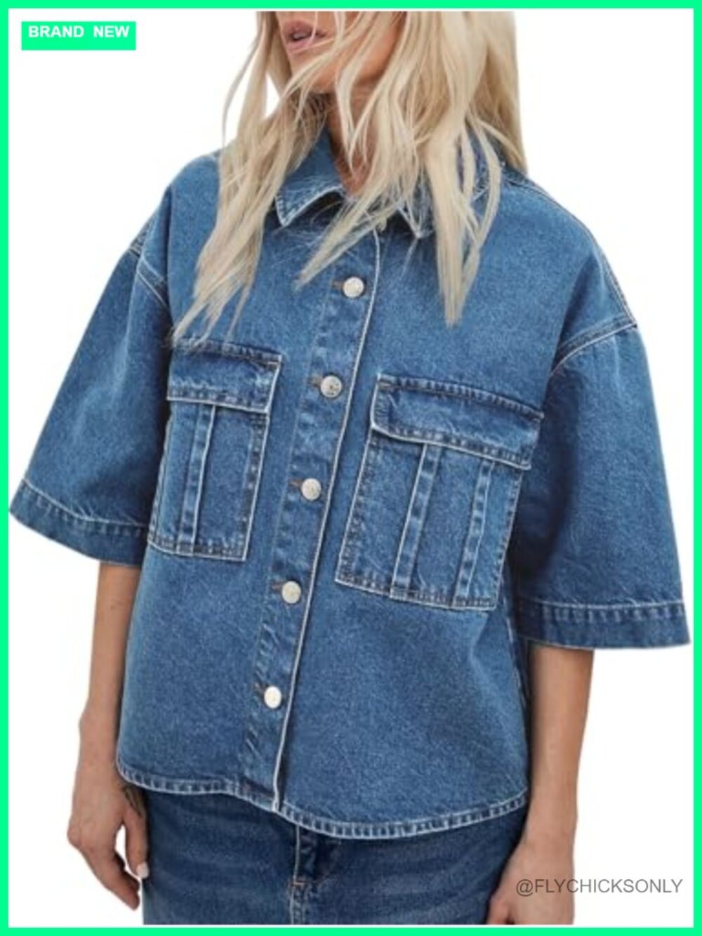 Oversized Short Sleeve Denim Jacket Cropped Jean Top Button Down